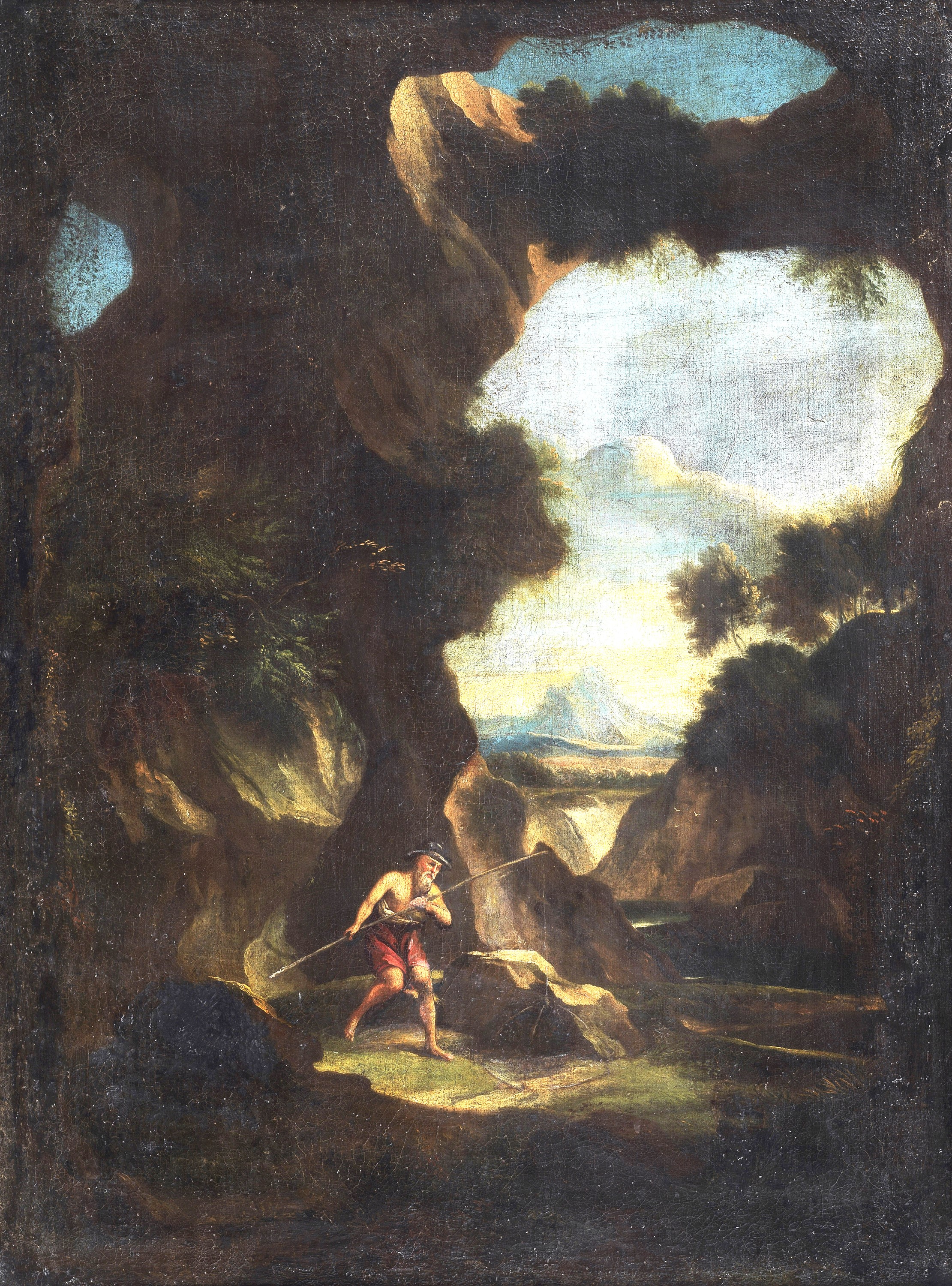 Bottega di. "Paesaggio con arco, pescatore e corso d'acqua"