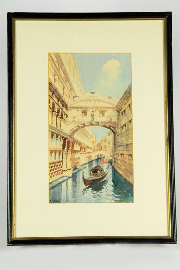 Pittore Italiano XIX Secolo - &quot;View of Calle in Venice with gondola&quot;. Signed.