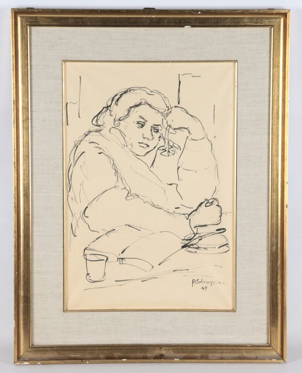 Achille Sdruscia - Firmato e datato 1949. "Pensatore al tavolo dell'osteria"