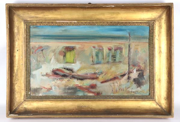 Laura Bellini - Firmato. "Spiaggia con cabine e ombrelloni a Fregene"