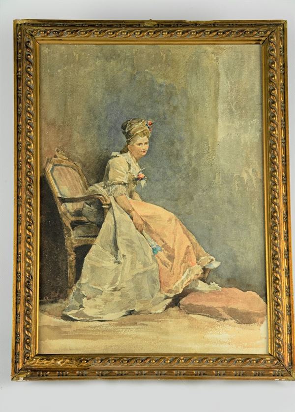 Pittore Italiano XIX Secolo - &quot;Giovane dama in poltrona&quot;