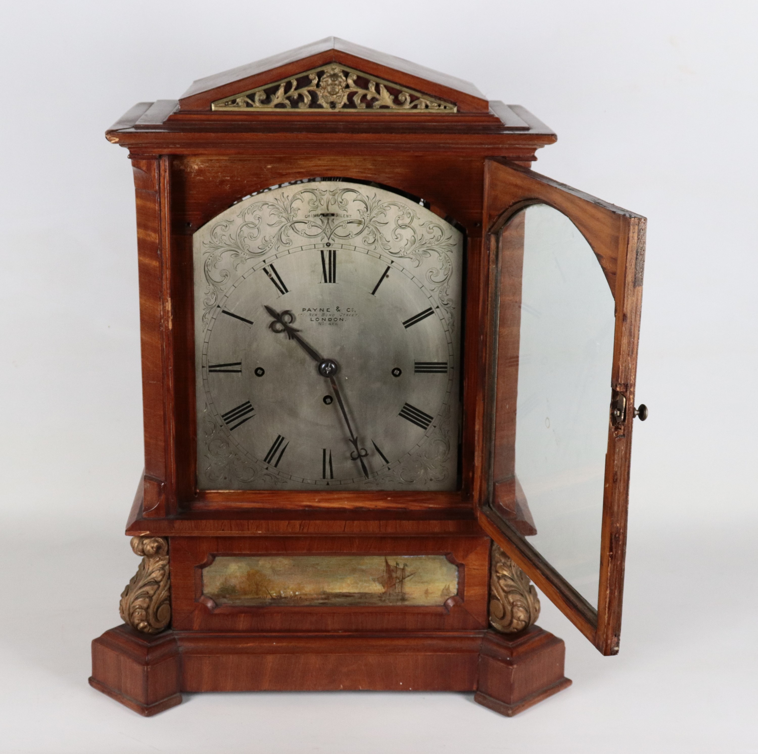 Antica pendola da tavolo a tempietto in mogano, quadrante con cifre romane firmato Payne & Co (18...