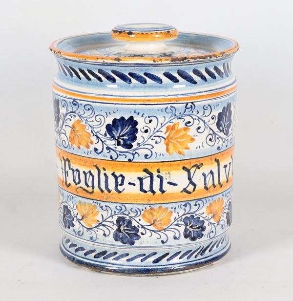 Vaso da farmacia in maiolica smaltata Deruta, con decorazioni in blu e giallo di intrecci floreali