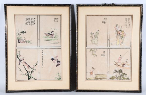 Coppia di antichi disegni cinesi policromi su carta, raff.nti uccelli esotici e scene di vita orientale