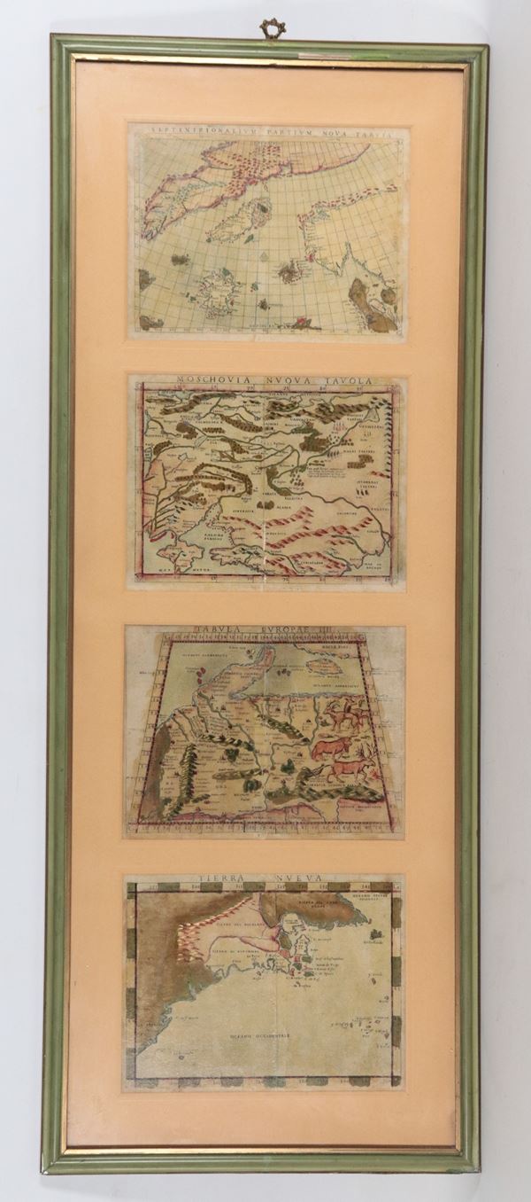 Lotto di quattro antiche copie delle proiezioni cartografiche del mondo allora conosciuto, dall'opera "Geografia" di Tolomeo