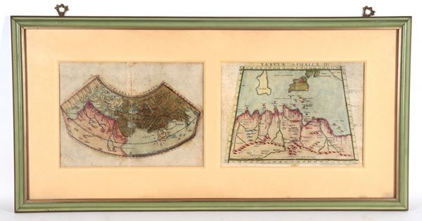 Lotto di due antiche copie delle proiezioni cartografiche del mondo allora conosciuto, dall'opera "Geografia" di Tolomeo