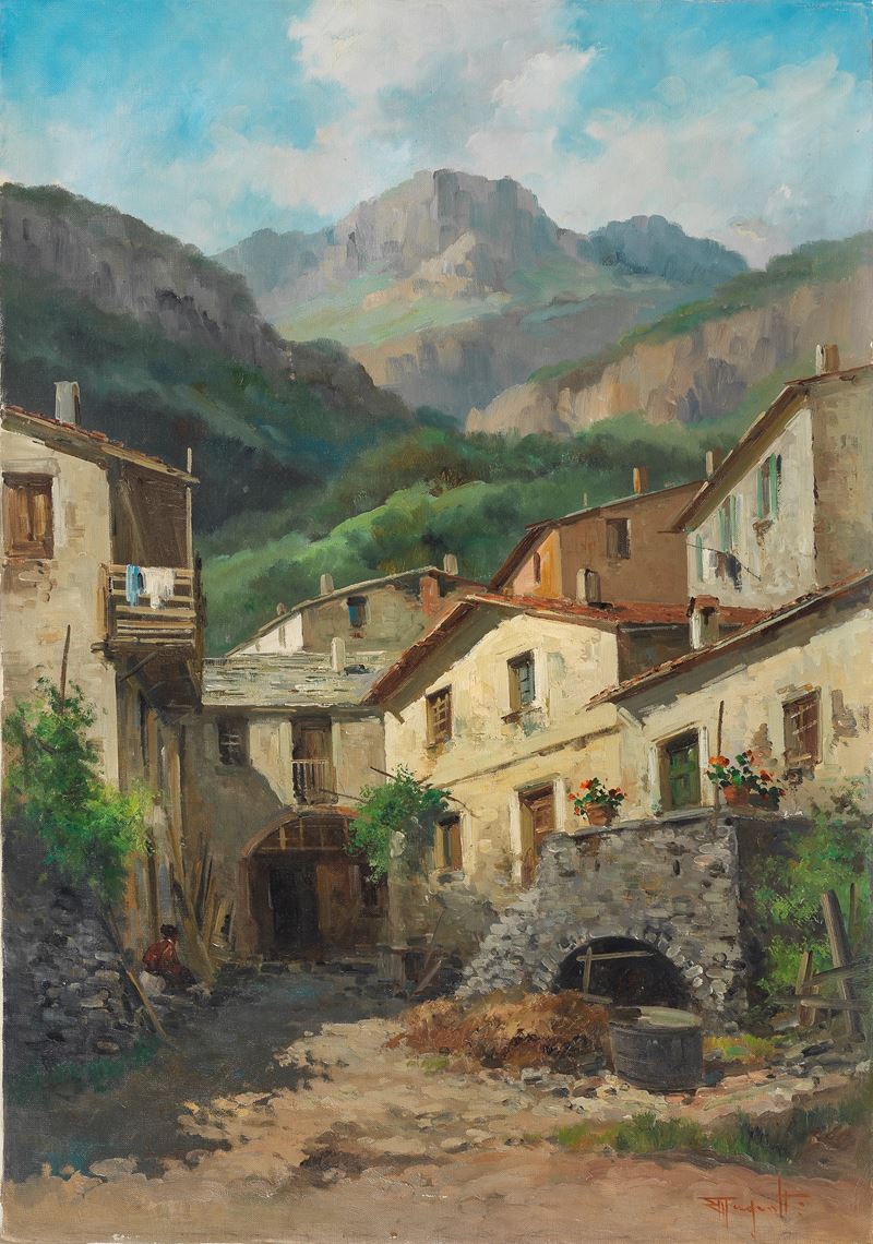 Firmato. "Paesaggio con scorcio di paese alpino"