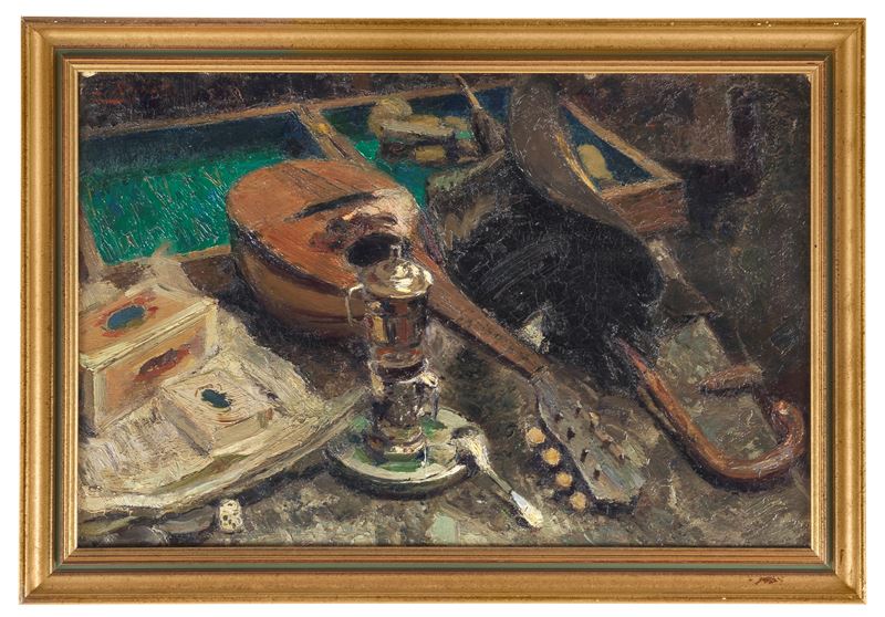 Firmato. "Natura morta con mandolino"