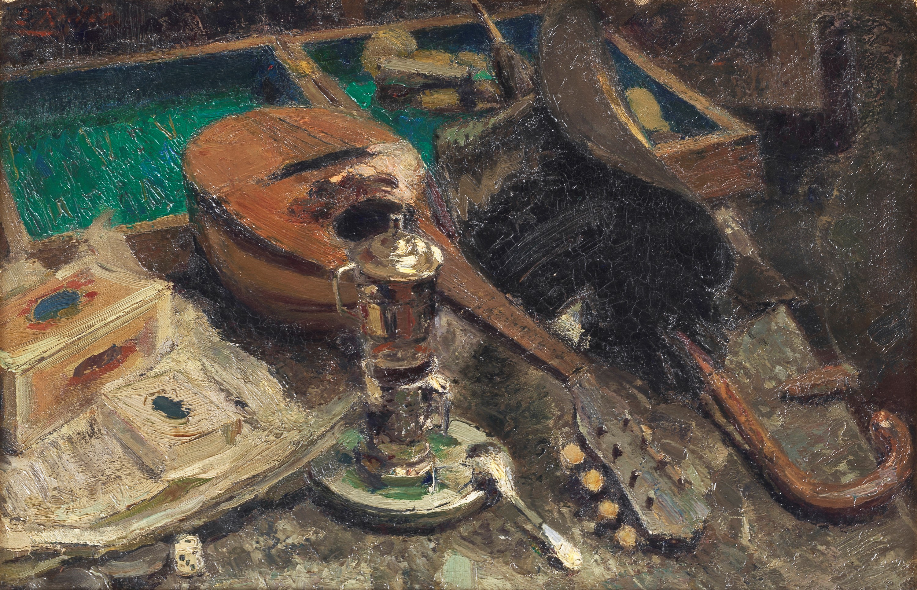 Firmato. "Natura morta con mandolino"