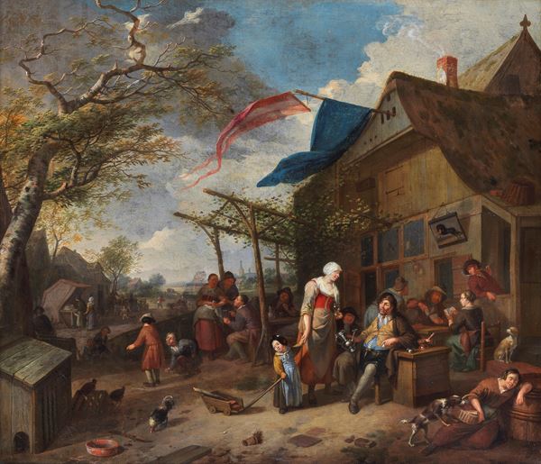 Gaspar de Witte - Firmato. "Festa contadina fuori della locanda". Il dipinto è corredato del certificato di esportazione e libera circolazione - Ufficio Esportazione Artistica di Milano
