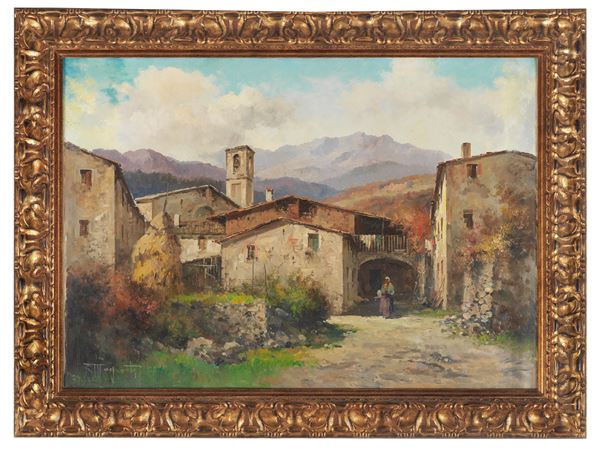 Ercole Magrotti - Firmato. "Scorcio di paese alpino con contadina"