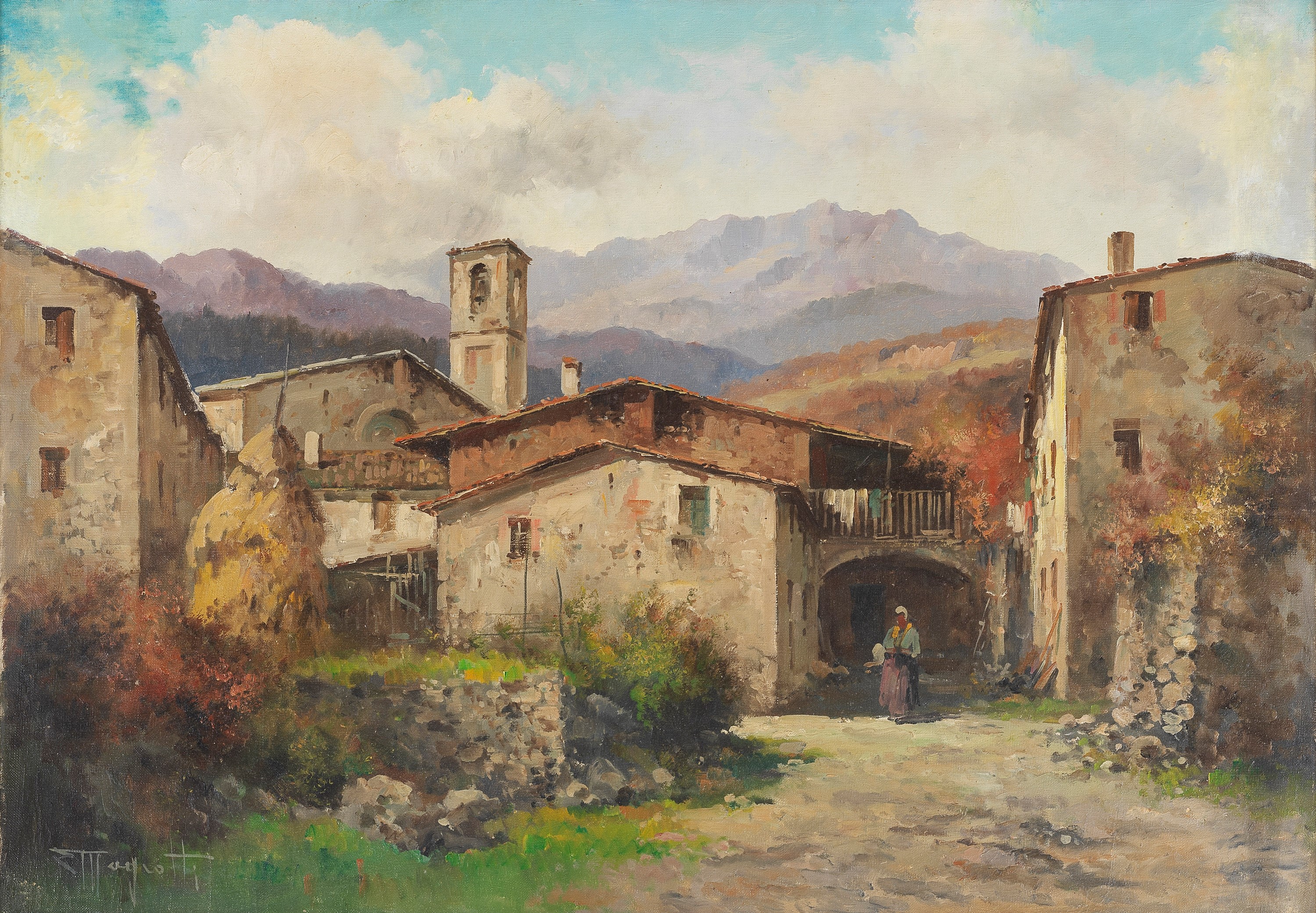 Firmato. "Scorcio di paese alpino con contadina"