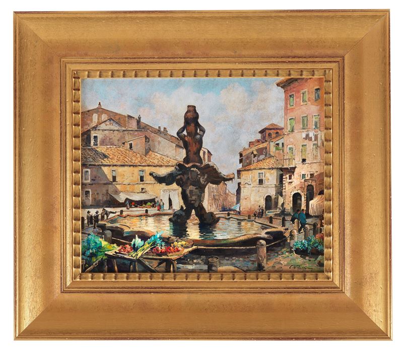 Firmato. "Piazza Barberini con la fontana del Tritone"