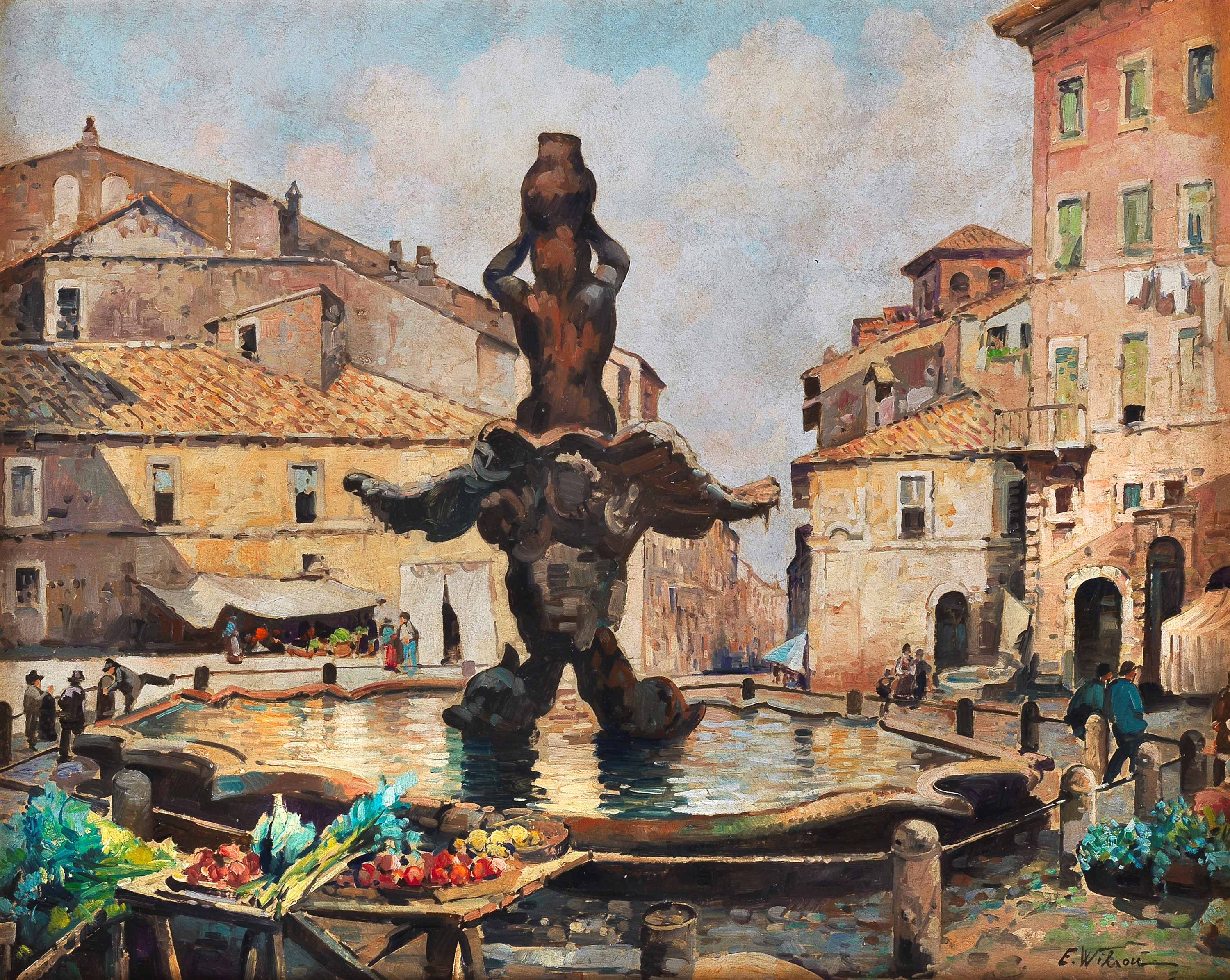 Firmato. "Piazza Barberini con la fontana del Tritone"