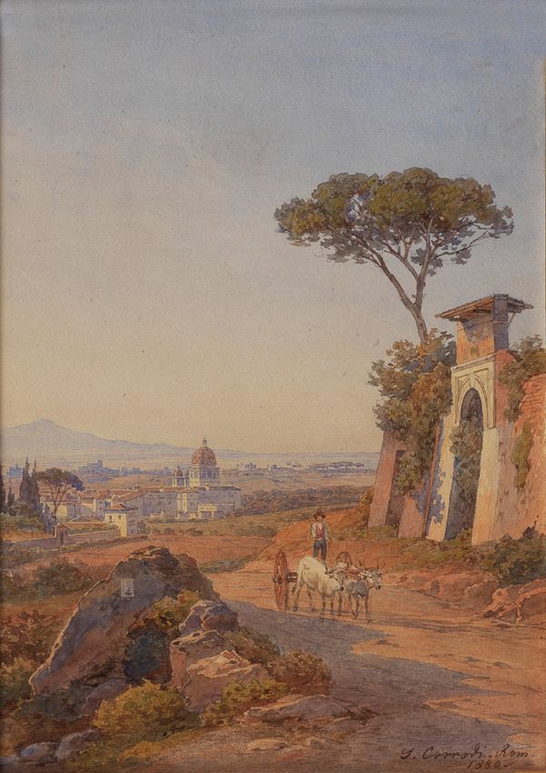 Salomon Corrodi - Firmato e datato 1880 Rom. "Veduta di Roma da Monte Mario". L'opera è pubblicata sui volumi "Dalla Campagna Romana alle Paludi Pontine" Ed. Le forme della spada-Roma 1987 e "Il Grand Tour nelle vedute italiane di Salomon Corrodi" Ed. Tilligraf Roma 1985