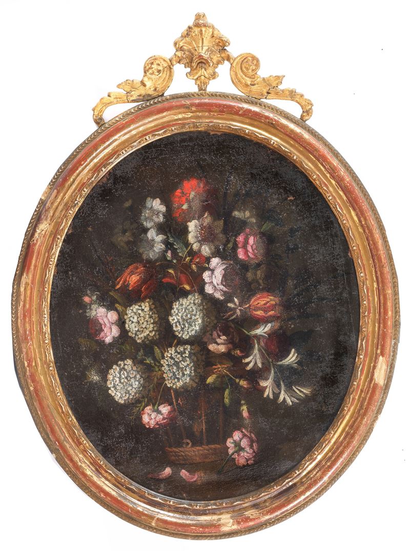 "Natura morta con cesto e mazzo di fiori"