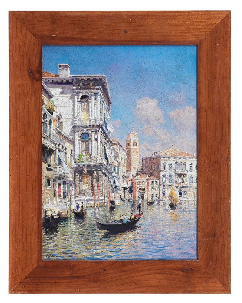 Firmato. "Veduta di Venezia con il Canal Grande e gondolieri"