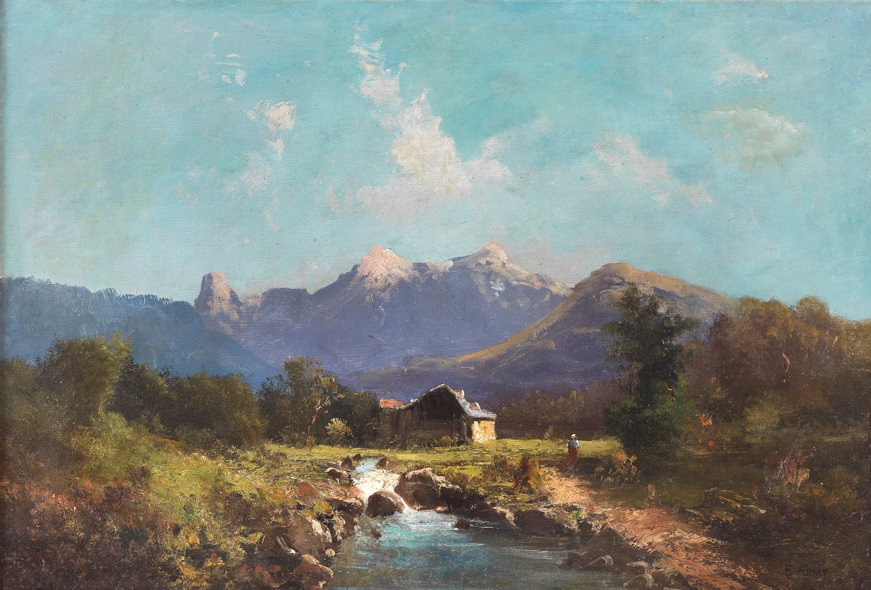 Firmato. "Paesaggio alpino con malga, contadina e ruscello"