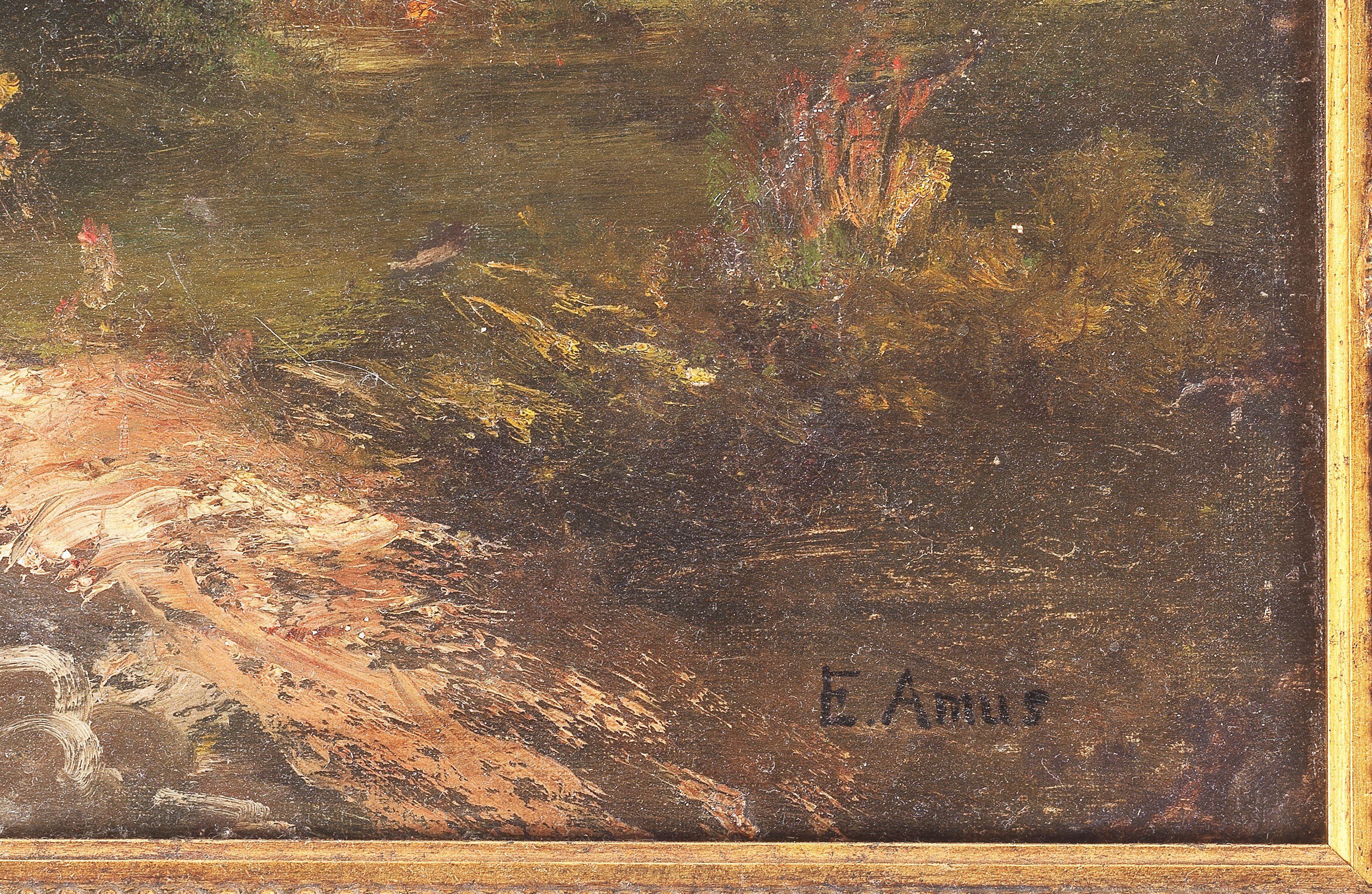 Firmato. "Paesaggio alpino con malga, contadina e ruscello"