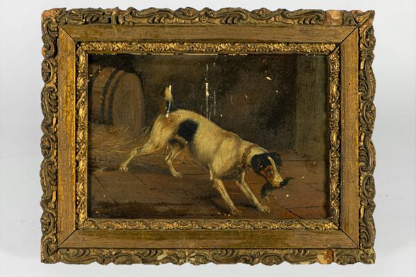 Pittore Italiano XIX Secolo - &quot;Interno di cantina con botte e cane da caccia&quot;