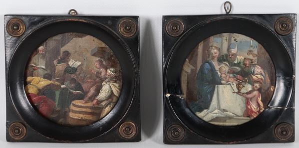 Scuola Italiana Metà XVII Secolo - "Sacra Famiglia" e "La disputa di Gesù con i dottori nel tempio"