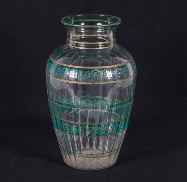 Vaso in vetro soffiato di Murano, con decorazioni in oro e fasce verde smeraldo