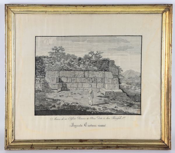 Antico tessuto ricamato raff.te "Rudere romano detto Arco Trionfale in Atina" 