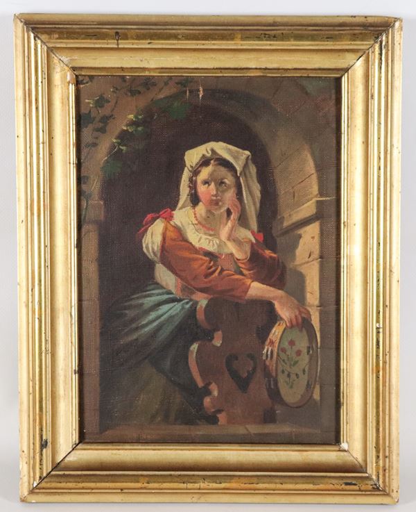 Scuola Italiana Metà XIX Secolo. - "Popolana in costume con tamburello e sgabello". Firmato e datato 1873 su un angolo del telaio 