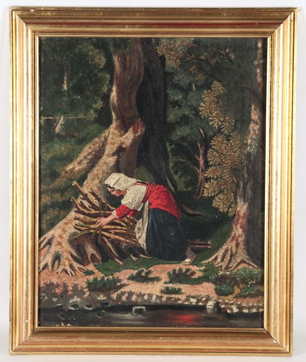 Scuola Italiana Metà XIX Secolo. - "Popolana laziale che raccoglie la legna nel bosco" 