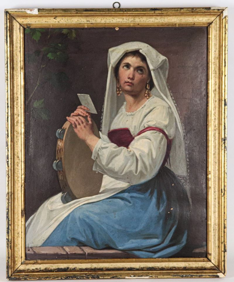 "Popolana in costume con tamburello"