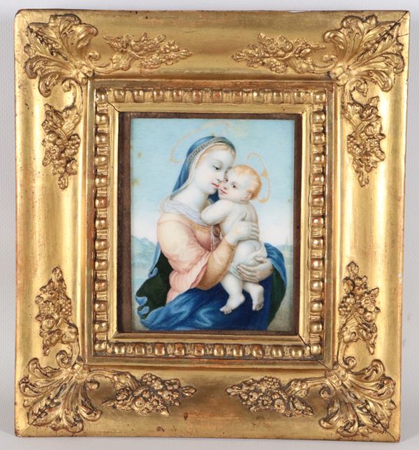 "Madonna con Bambino", piccola placca in porcellana dipinta