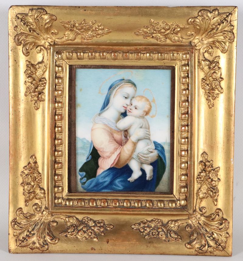 "Madonna con Bambino", piccola placca in porcellana dipinta