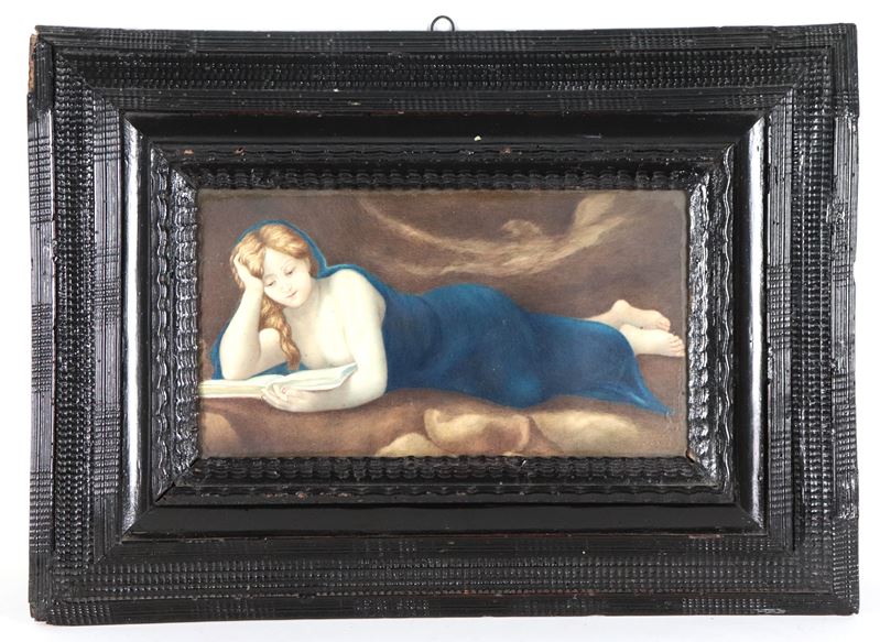 Antica cornice in legno di pero ebanizzato, all'interno oleografia raff.te "Maddalena che legge"