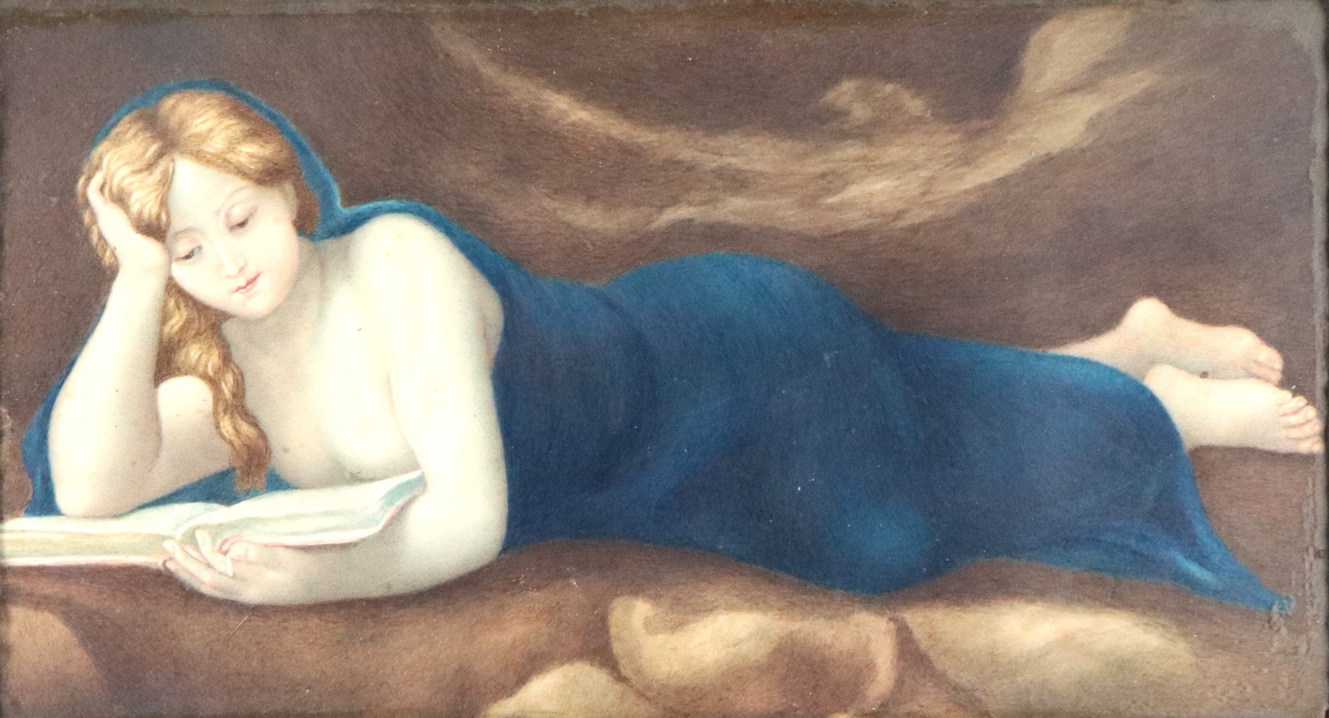 Antica cornice in legno di pero ebanizzato, all'interno oleografia raff.te "Maddalena che legge"