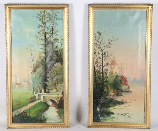 Pittore Italiano Seconda Metà XIX Secolo - Firmati. "Vedute di lago con bosco e case"