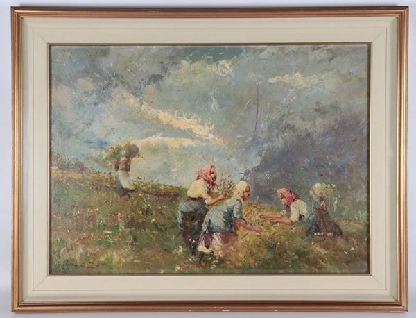 Leonardo Bazzaro - Firmato. "Contadine che raccolgono fiori in montagna"