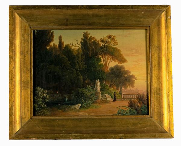 Pittore Romano XIX Secolo - &quot;Villa Borghese con veduta di Roma&quot;