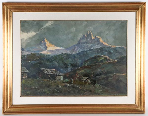 Pittore Impressionista Fine XIX Secolo - "Paesaggio alpino con le Pale di San Martino e malghe con contadina"