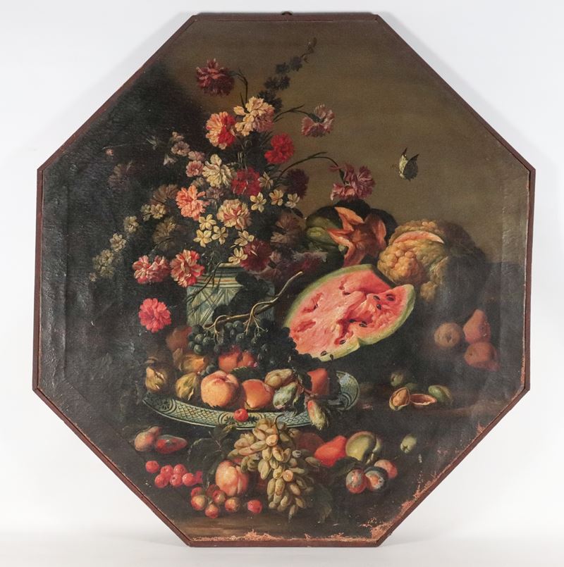 Bottega di. "Natura morta di fiori, vasellame e frutta"