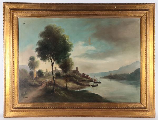 Pittore Italiano Fine XIX Secolo - Firmato. "Veduta di lago con borgo, casolari e barche di pescatori"