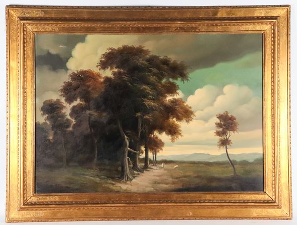 Pittore Italiano Fine XIX Secolo - Firmato. "Paesaggio boschivo con contadina e pecorella"