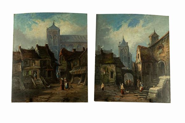 Pittore Fiammingo XIX Secolo - &quot;Views of a peasant village with a cathedral&quot;