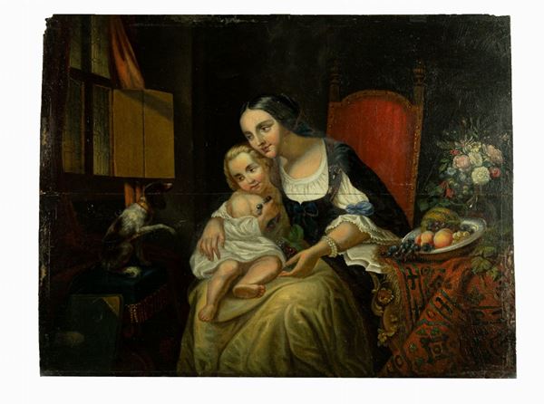 Pittore Fiammingo Inizio XIX Secolo - &quot;Interior with mother, little son and dog&quot;