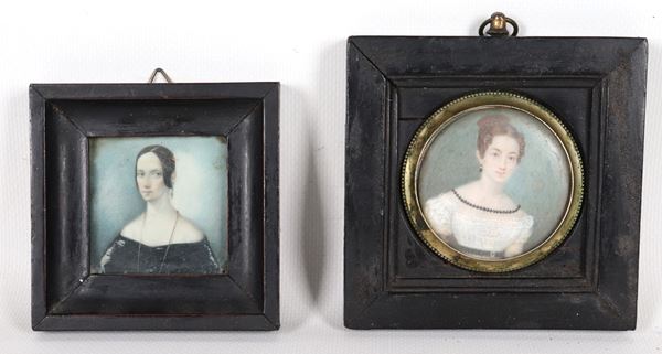 "Ritratti di giovani nobildonne", lotto di due antiche miniature dipinte