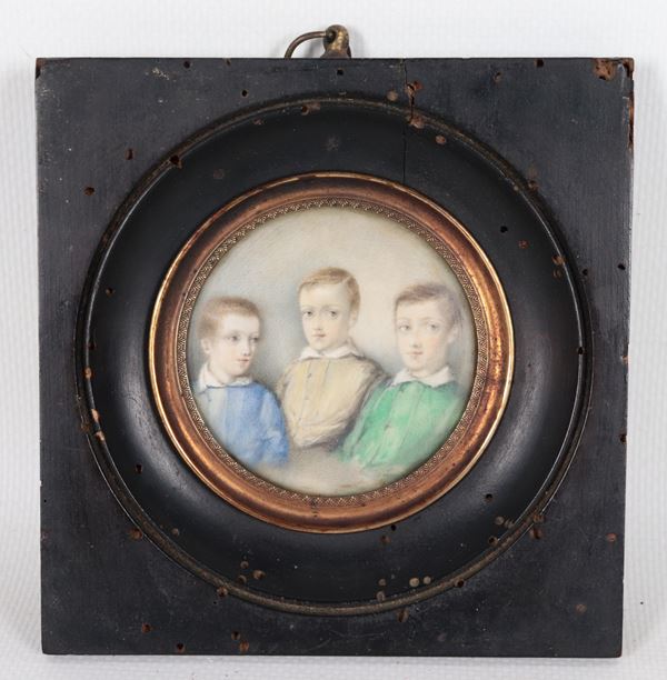 "Ritratti di fanciulli", antica miniatura tonda dipinta 