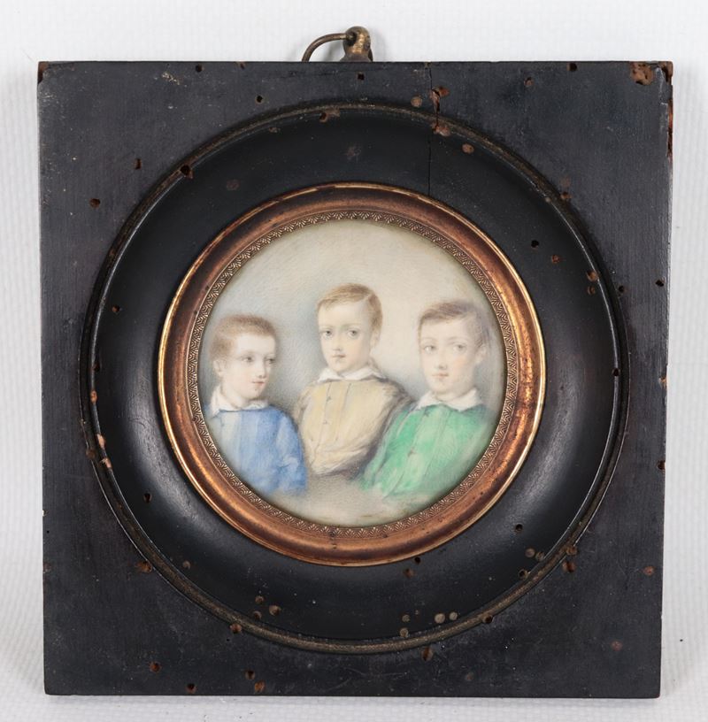 "Ritratti di fanciulli", antica miniatura tonda dipinta