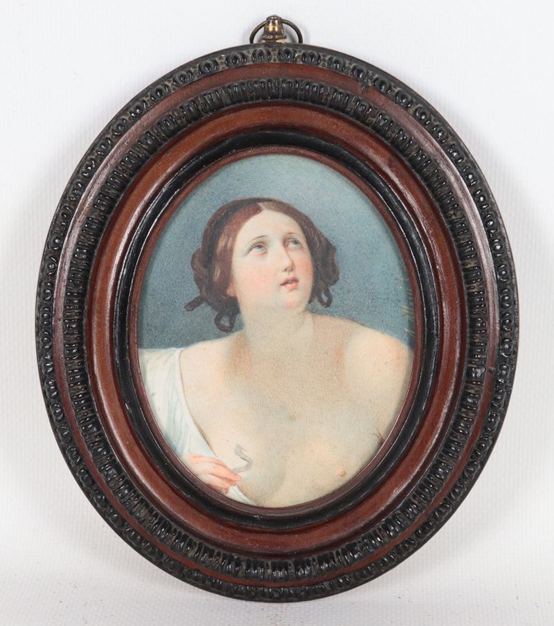 "La morte di Cleopatra", antica miniatura ovale dipinta. Firmata e datata 1869