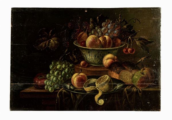 Pittore Fiammingo Fine XVIII Secolo - &quot;Still life of fruit and tableware&quot;