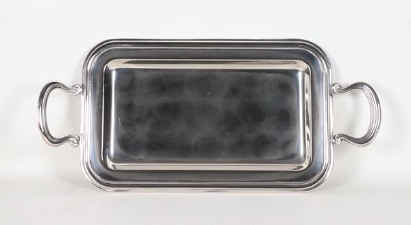 Vassoio rettangolare con due manici in metallo silver plate