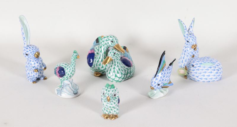 Lotto di sei animaletti in porcellana policroma Herend